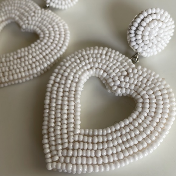 Hand Beaded White Heart Earrings - Picture 2 of 5